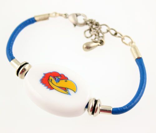 Fenton Collegiate Logo Leather Cord Bracelet- Kansas Jayhawks Milk Glass Bead