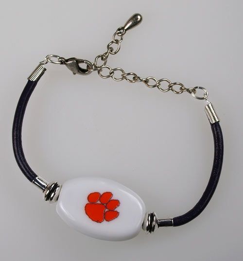Fenton Collegiate Logo Leather Cord Bracelet- Clemson University Milk Glass Bead