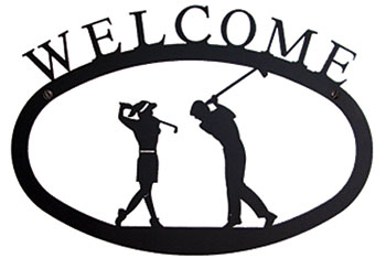 Wrought Iron Welcome Sign - Two Golfers Silhouette