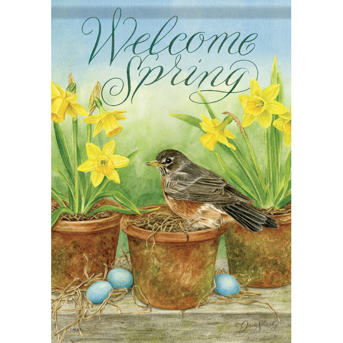 Carson FlagTrends - Dura Soft Garden Flag - Welcome Spring Robin & Daffodils