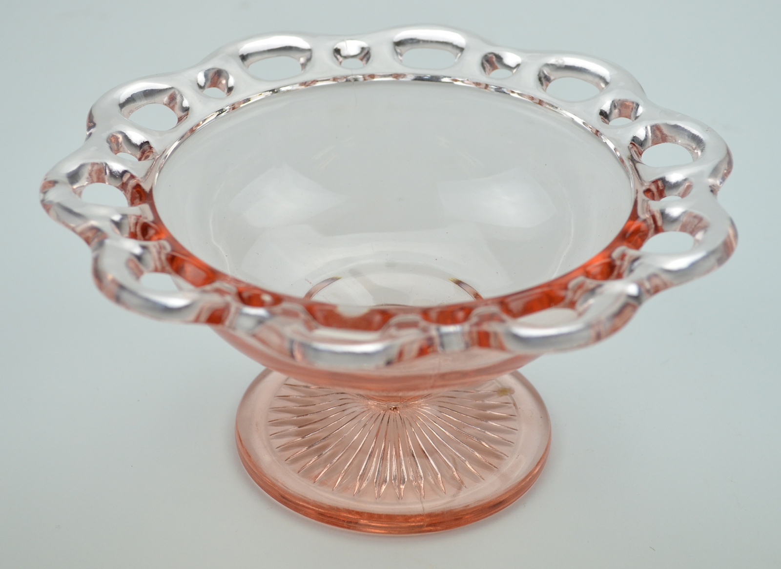 Anchor Hocking Glass - Lace Edge Pink Pattern - Round Compote - 3.5 Tall
