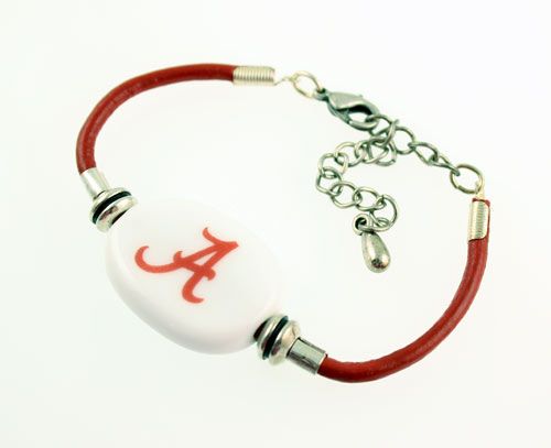Fenton Collegiate Logo Leather Cord Bracelet- Alabama Roll Tide Milk Glass Bead