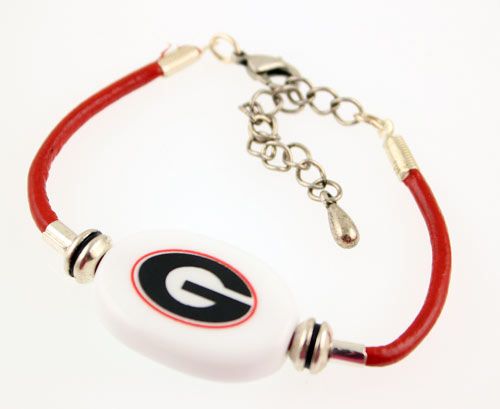 Fenton Collegiate Logo Leather Cord Bracelet- Georgia Bulldogs Milk Glass Bead