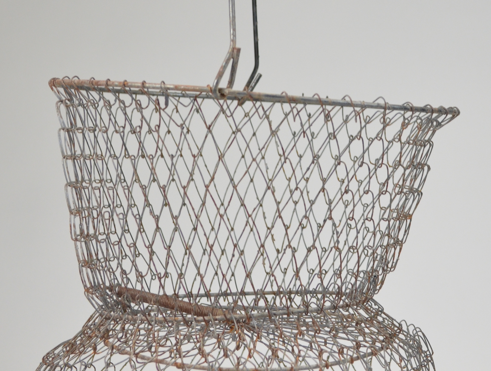 Vintage Metal Live Fish Basket With Handle & 2 Spring Trap Doors - 15.75  Tall