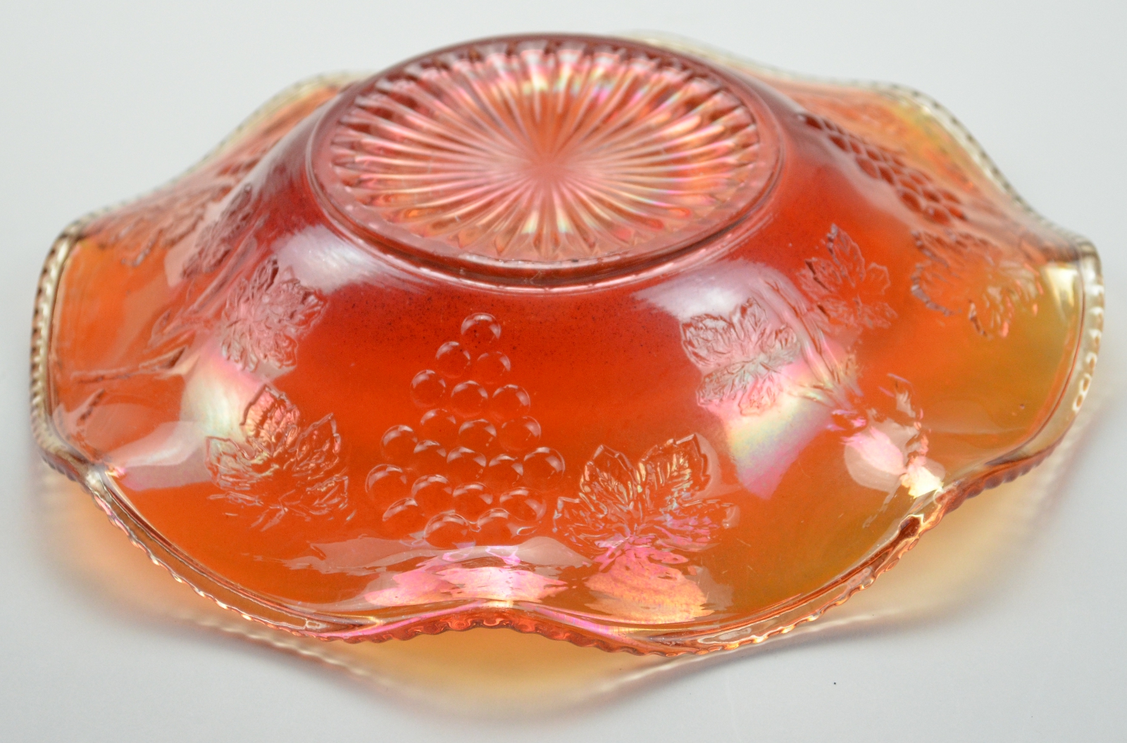 Carnival Orange Glass Bowl With Grape Design and Wavy Edge 8" Diameter