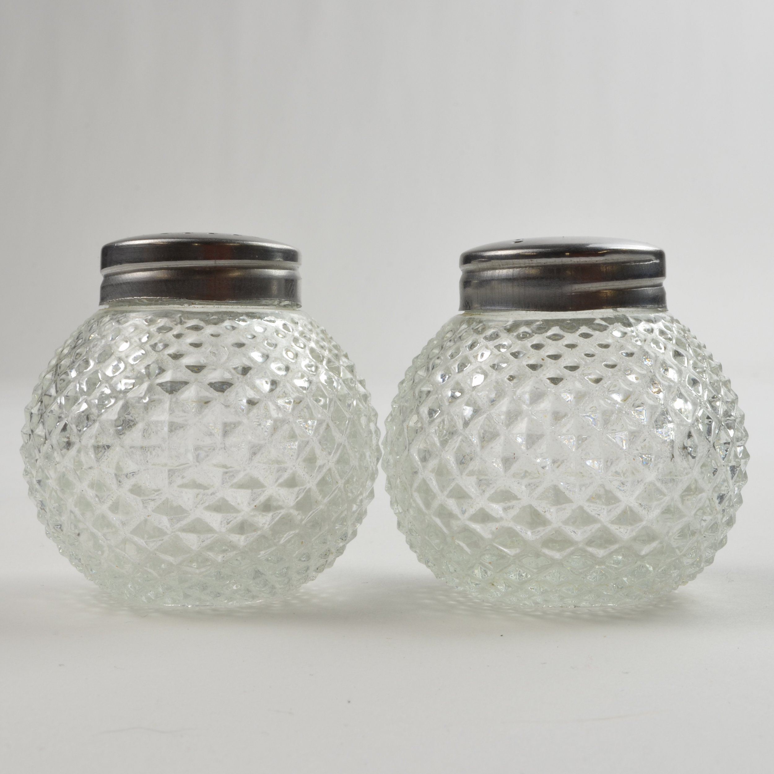 Vintage Fancy Clear Diamond with Flowers Salt & Pepper Shakers and Metal  Lids