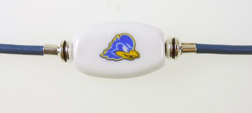 Fenton Collegiate Logo Leather Cord Bracelet- Delaware Blue Hen Milk Glass Bead