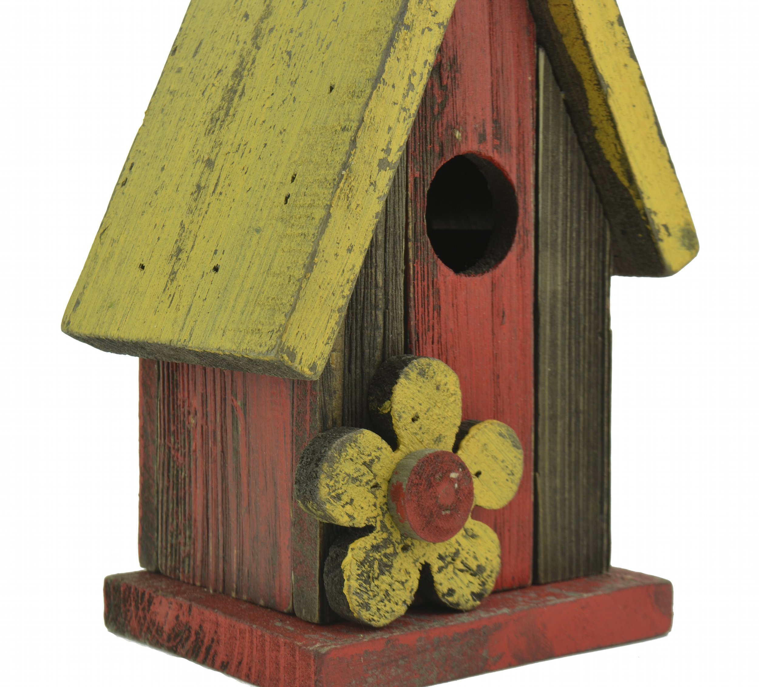 Carson - Wooden Birdhouse - Red With Yellow Flower & Roof