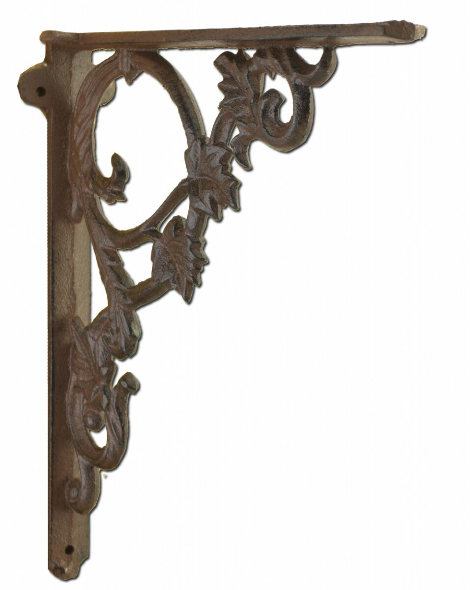 Decorative Shelf Bracket - Ornate Leaf - Rust Brown Cast Iron - 9.375"