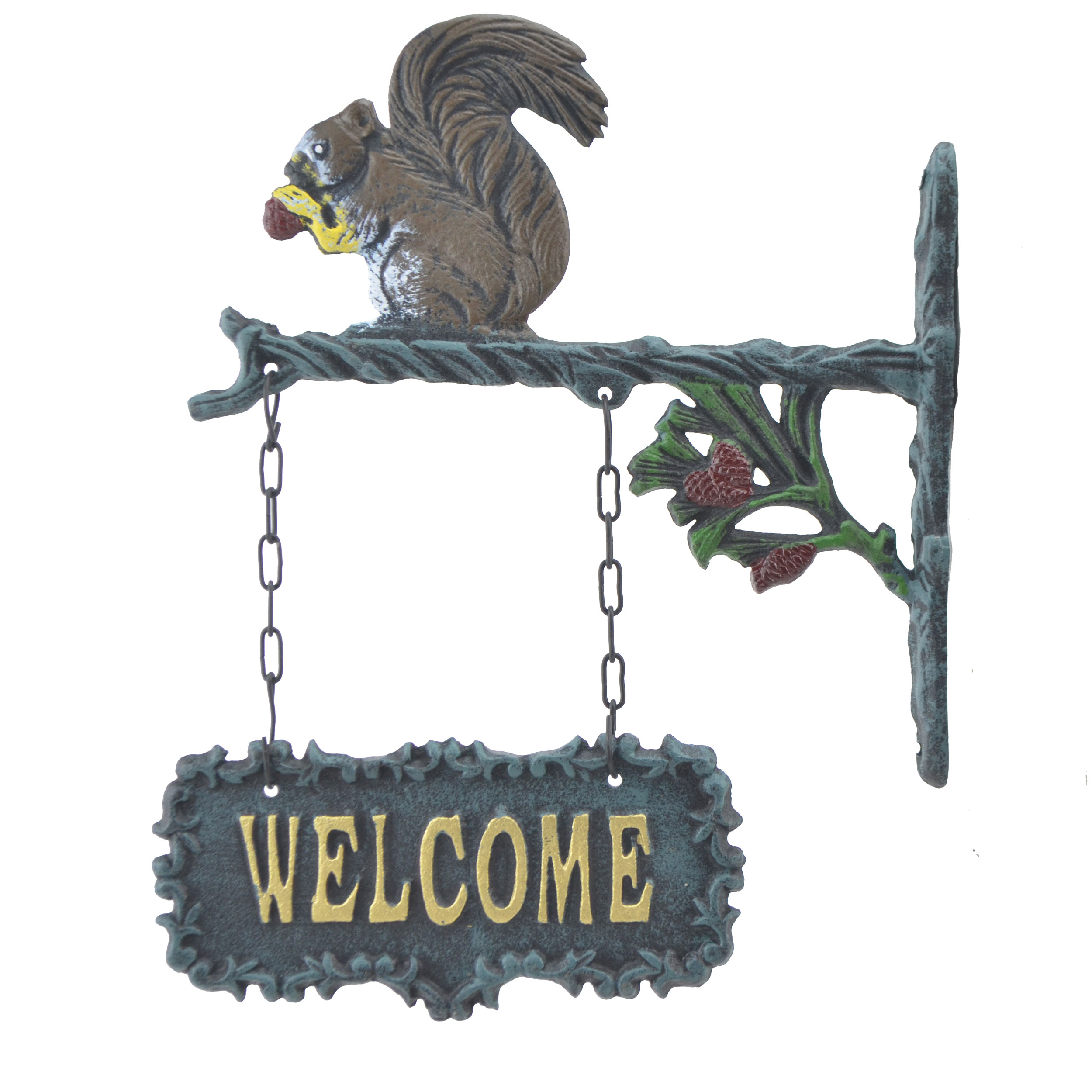 Double Sided Hanging Welcome Sign - Squirrel Eating A Nut - 9" Wide