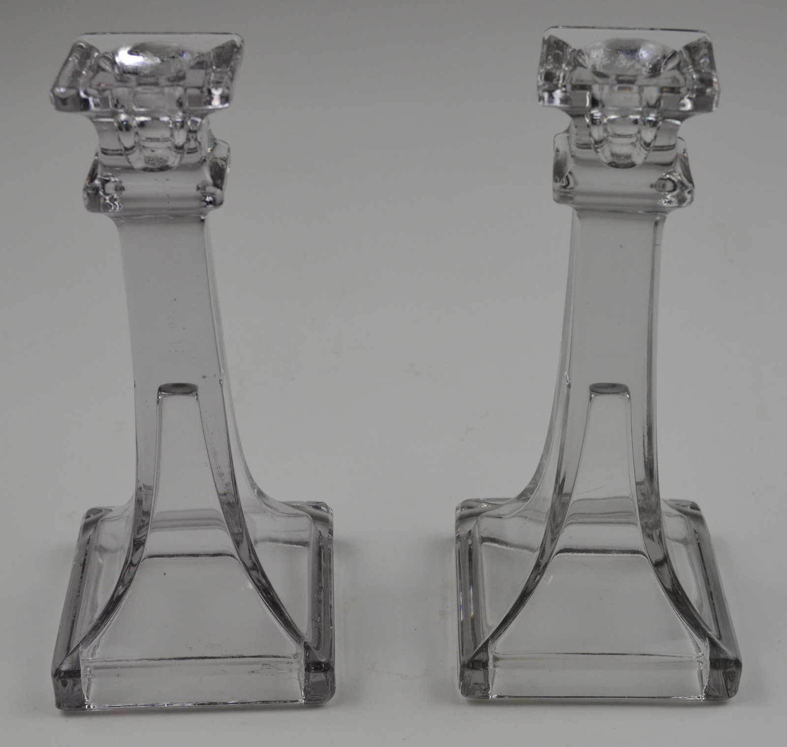 Clear Glass Pedestal Candlestick Holders Set Of Two 7.375" Tall