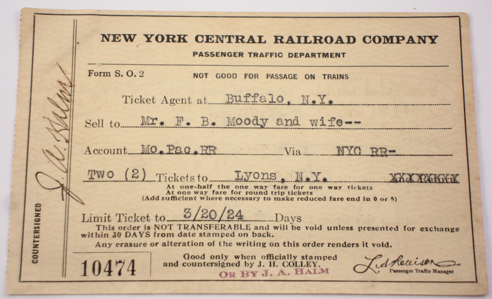New York Central Railroad Company Ticket Order Slip 1924 Vintage new-york-central-railroad-company-ticket-order-slip-1924-vintage