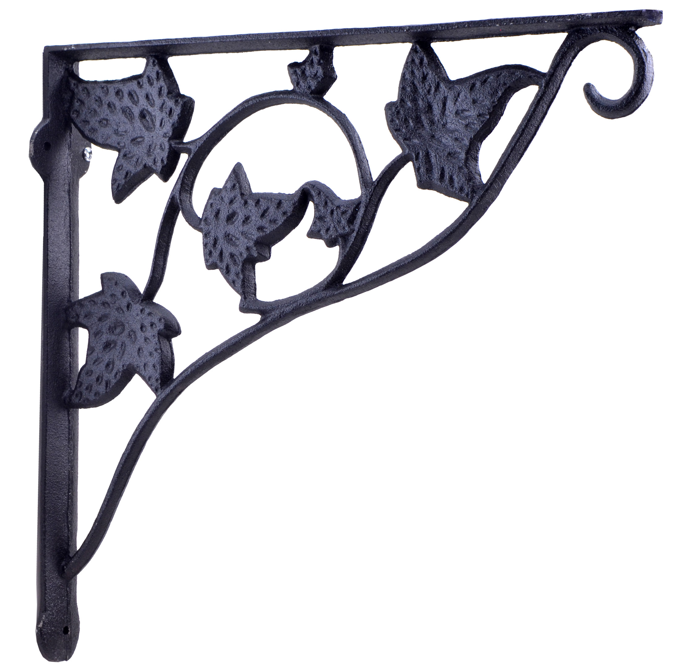 Wall Shelf Bracket With Hook - Leaf Vine Pattern - Cast Iron - 11.75"